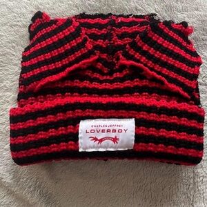 CHARLES JEFFREY OS UNISEX BEANIE KNIT FABRIC SIGNATURE DESIGN BLACK & RED NEW